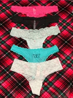 Victoria's Secret Lace & Cotton Thong Set - Hot Pink, Black, White, Teal